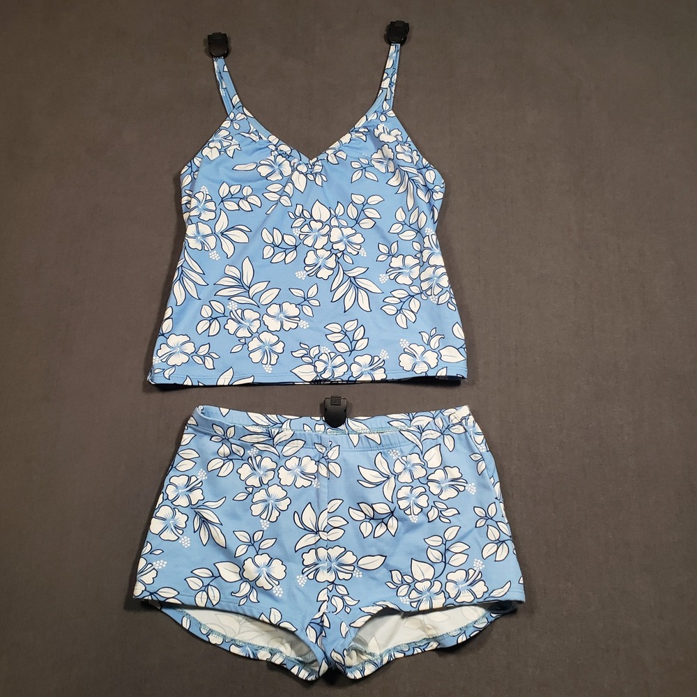 Jantzen Tankini Swimsuit Girls Small Blue Hibiscus Floral 2 Piece Boy Short Set